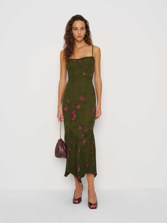 Reformation Dresses & Skirts - NWT Reformation Aiko Haiku Olive Green Floral Midi Dress with Pink Blooms size 0